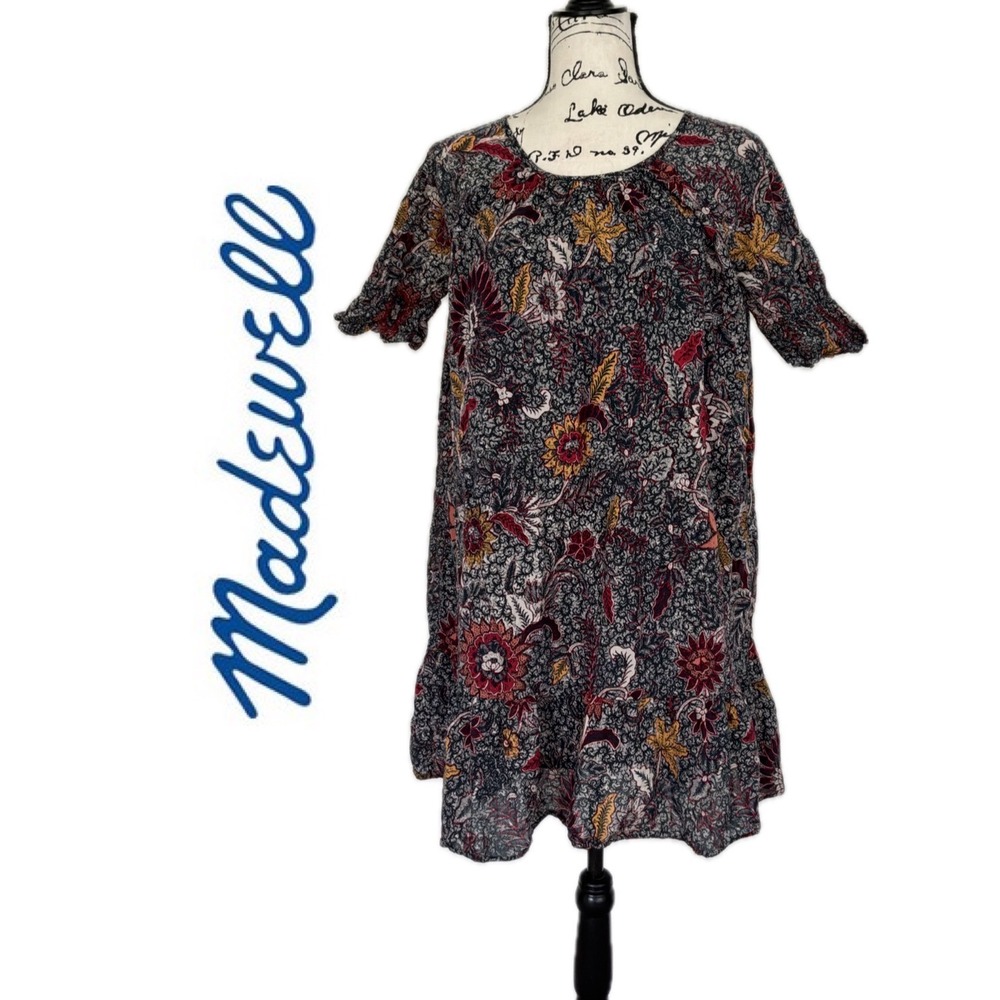 Madewell Floral Shift Dress Navy Burgundy Tassel Keyhole Back Mini Size 6